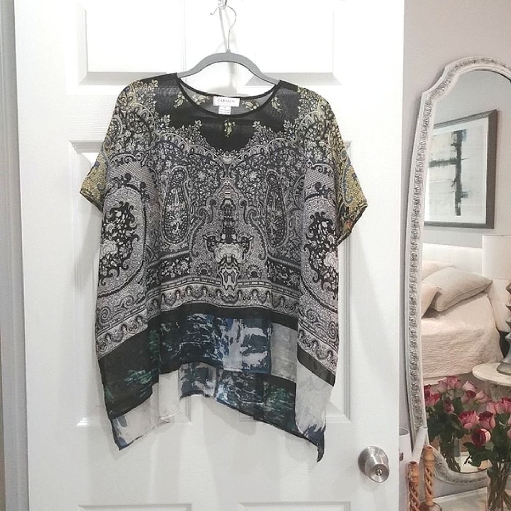 Carmen Marc Valvo Sheer Paisley Poncho size Small black white & blue